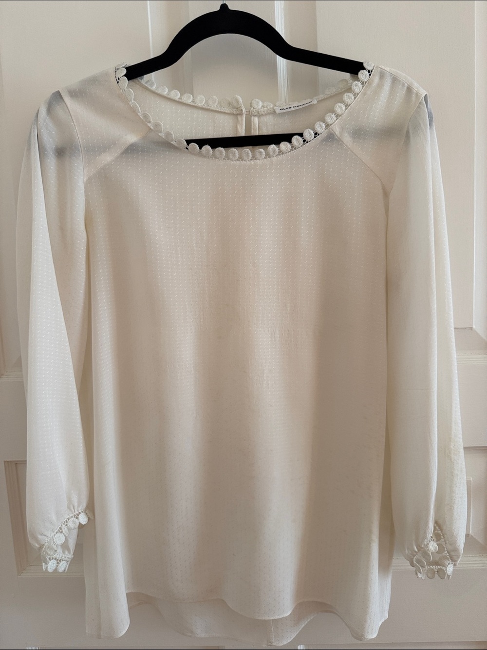 Club Monaco Cream Long-Sleeve Dot-Texture Blouse with Pom Trim